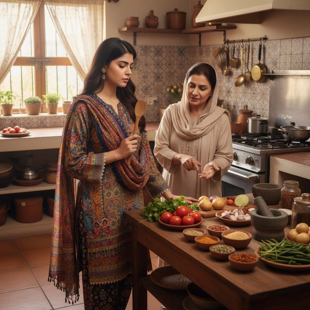 Pakistani married woman in shalwar kameez thinking what to cook while mother-in-law suggests dinner in home kitchen